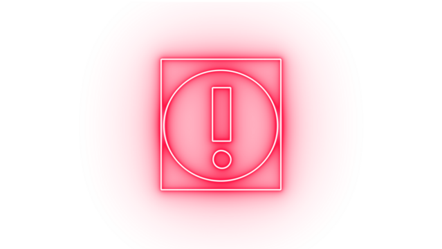 Pink neon exclamation mark in square isolated on transparent background