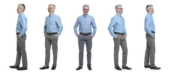 Full-length portraits of businessman on white background, collage