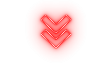 Red neon double down arrow icon isolated on transparent background