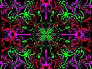 This image features a symmetrical abstract pattern with neon green, red, purple, and black colors that create a dynamic and psychedelic visual effect.