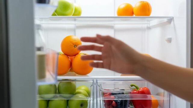 A person's hand reaches into a refrigerator filled with fresh fruits and vegetables, including oranges, apples, and bell peppers.
