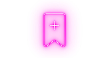 Pink neon bookmark icon with a star inside, isolated on transparent background, representing saving or favoriting