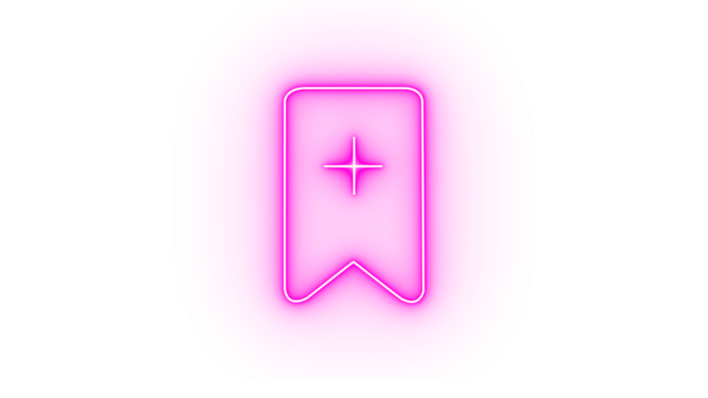 Pink neon bookmark icon with a star inside, isolated on transparent background, representing saving or favoriting