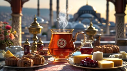 Fototapeta premium Turkish Tea, known as Türk Çayı, with a warm and inviting ambiance, featuring an assortment of local pastries, cheeses, and jams
