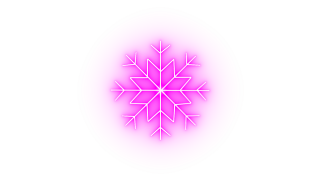 A pink neon snowflake symbol isolated on transparent background, representing winter and cold beauty