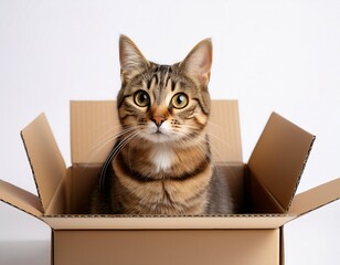 cute tabby cat in a box against white or white background