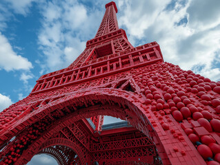 Unique artistic close-up of the Eiffel Tower&rsquo;s red-toned ironwork against the sky, showing architectural beauty and Parisian elegance.