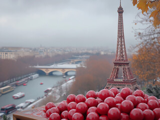 Realistic photography of Eiffel Tower with balloons near the Seine River, blending travel romance with iconic Paris views