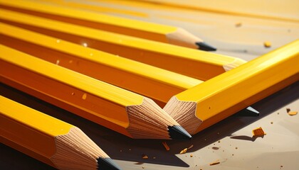 Sharpened yellow pencils—aligned diagonally with graphite tips pointing forward—resting on a surface scattered with wood shavings—evoke crafted focus, symbolic clarity, and the rhythm of tactile preci