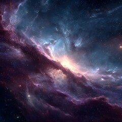Fototapeta premium Vast cosmic nebula glowing in vibrant purples and blues, filled with twinkling stars in deep space, high-detail starfield and soft radiant dust --s 250