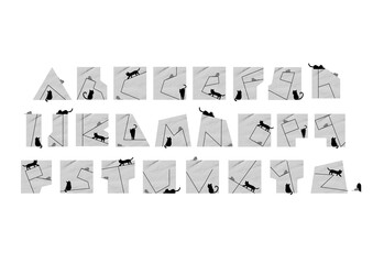 A stylised alphabet depicting a playful cat and mouse chase.