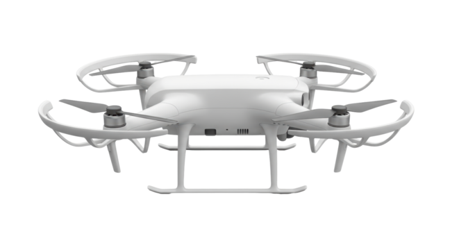 Isolated white quadcopter unmanned aerial vehicle with guards on minimalist style