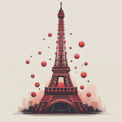 Modern minimalist Eiffel Tower illustration with elegant red balloons, blending romance and Parisian elegance in a unique art style