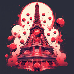 Romantic view of the Eiffel Tower surrounded by floating red balloons, symbolizing love and Parisian charm. Perfect for Valentine&rsquo;s and travel themes.