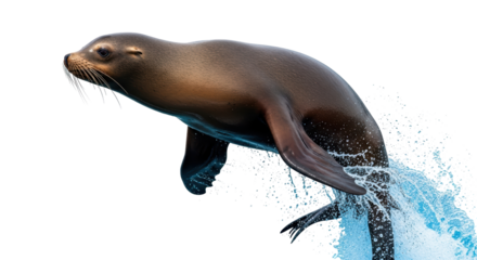 Isolated sea lion leaping from water, elegant marine mammal underwater activity behavior