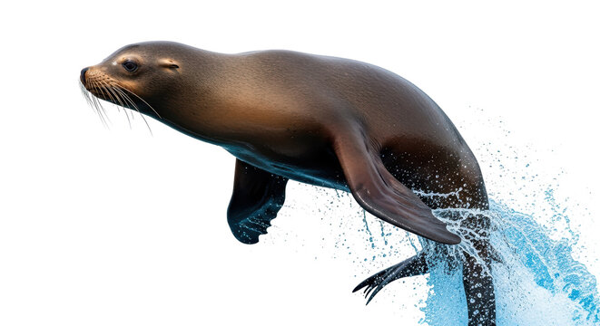 Isolated sea lion leaping from water, elegant marine mammal underwater activity behavior