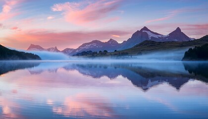 Fototapeta premium a calming image of a misty mountain range reflected in a still lake under a pink and blue sky