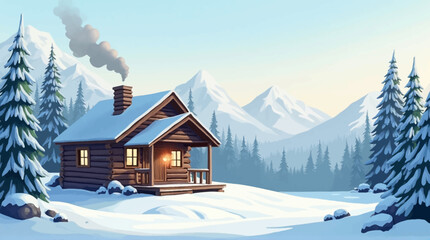 Cozy wooden cabin nestled in a snowy mountain landscape, smoke rising from its chimney on a sunny winter day.