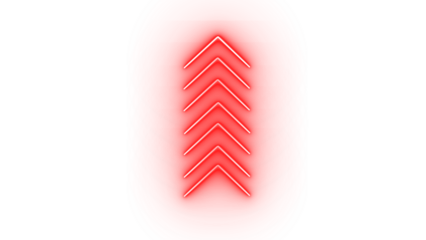 A series of red neon chevron arrows pointing upwards, isolated on transparent background, indicating progress