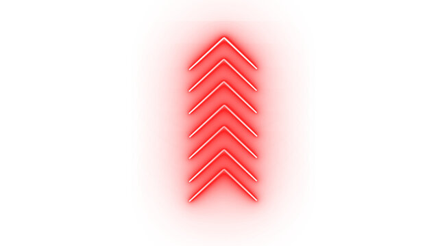 A series of red neon chevron arrows pointing upwards, isolated on transparent background, indicating progress