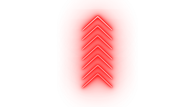 A series of red neon chevron arrows pointing upwards, isolated on transparent background, indicating progress