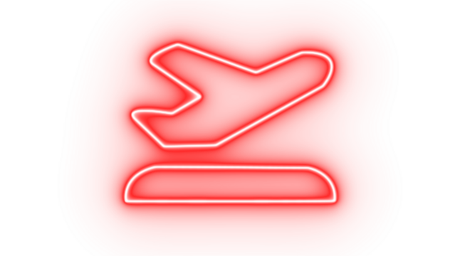 Red neon airplane icon isolated on transparent background, symbolizing travel and departure