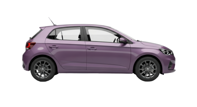 Isolated purple hatchback car studio shot angled side view on seamless background. Model T44