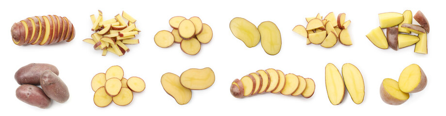 Raw potatoes isolated on white, collage. Whole and cut