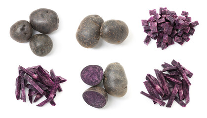 Raw purple potatoes isolated on white, collage. Whole and cut