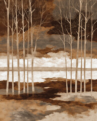 An abstract painting composed of sweeping brown, white, and cream swirls, evoking the earthy tones of a western landscape