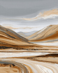 An abstract painting composed of sweeping brown, white, and cream swirls, evoking the earthy tones of a western landscape