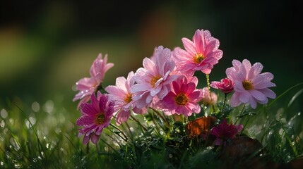 Obraz premium dew. A vibrant floral arrangement glistens with morning dew in a serene English park setting. gardening catalogs, home-decor guides, designed for gardening and botanical catalogs, celebrates nature.