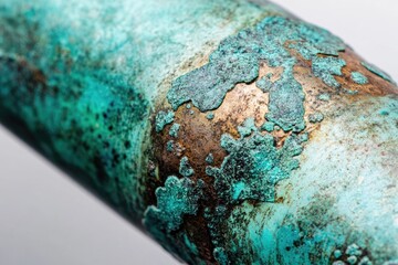 Close-up of a weathered copper pipe with turquoise oxidation and rust, showing textures of decay and corrosion.