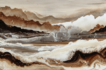 An abstract painting composed of sweeping brown, white, and cream swirls, evoking the earthy tones of a western landscape