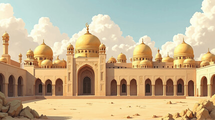 Ornate golden domed mosque with arched doorways and courtyard under a bright, cloudy sky.