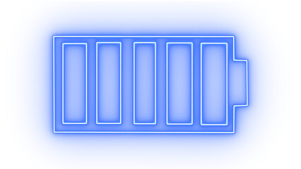 Blue neon battery icon isolated on transparent background, representing full power and energy