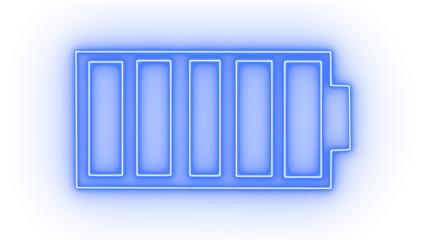 Blue neon battery icon isolated on transparent background, representing full power and energy