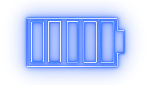 Blue neon battery icon isolated on transparent background, representing full power and energy