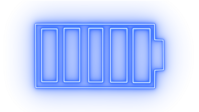 Blue neon battery icon isolated on transparent background, representing full power and energy