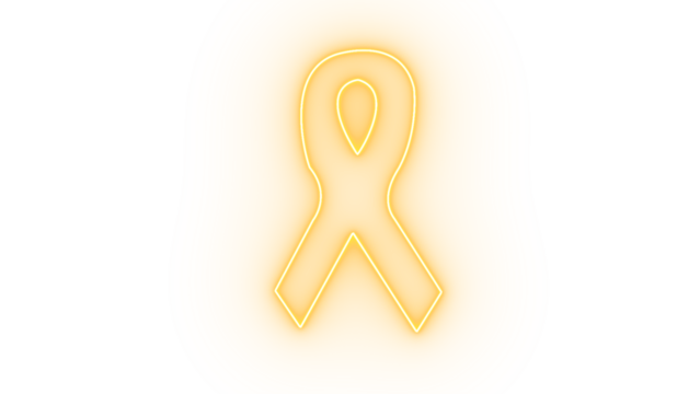 Yellow neon awareness ribbon symbol isolated on transparent background, representing hope and support