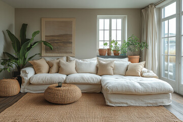 "Large white couch with pillows."