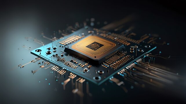 Close-up of a modern computer processor chip, showcasing intricate circuits and technological advancement, symbolizing innovation and digital power on a dark, sophisticated backgro