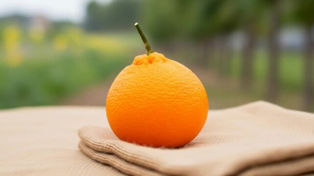 A vibrant orange tangelo fruit with a stem, resting on a beige cloth outdoors with a blurred green background.