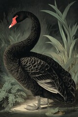 A vintage-style illustration of a rare black swan, reminiscent of 1860s natural history drawings, with delicate linework and period-accurate detail