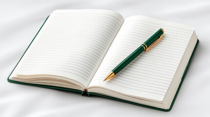 Open notebook with blank pages and a green pen on a white background