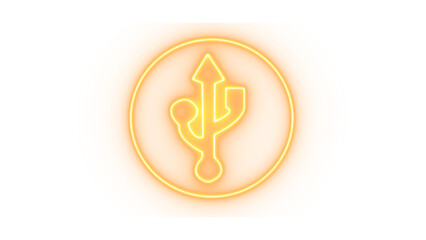Yellow neon outline of a usb symbol inside a circle, isolated on transparent background