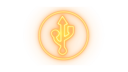 Yellow neon outline of a usb symbol inside a circle, isolated on transparent background