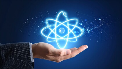 A glowing atomic model—blue nucleus with elliptical orbits—hovering above an open human hand with light trails beside it—evokes crafted power, symbolic knowledge, and the rhythm of quantum control.