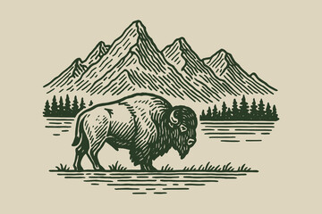Bison with mountain landscape vintage engraving vector illustration © Victoria