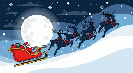 Santa Claus and his reindeer flying across a snowy landscape under a full moon at night.